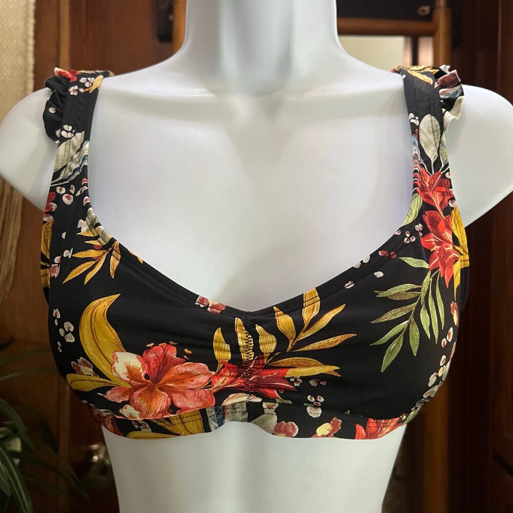 Body Glove Sweety Bikini Top M | Black Floral Scoop Ruffle Strap Incognito Swim